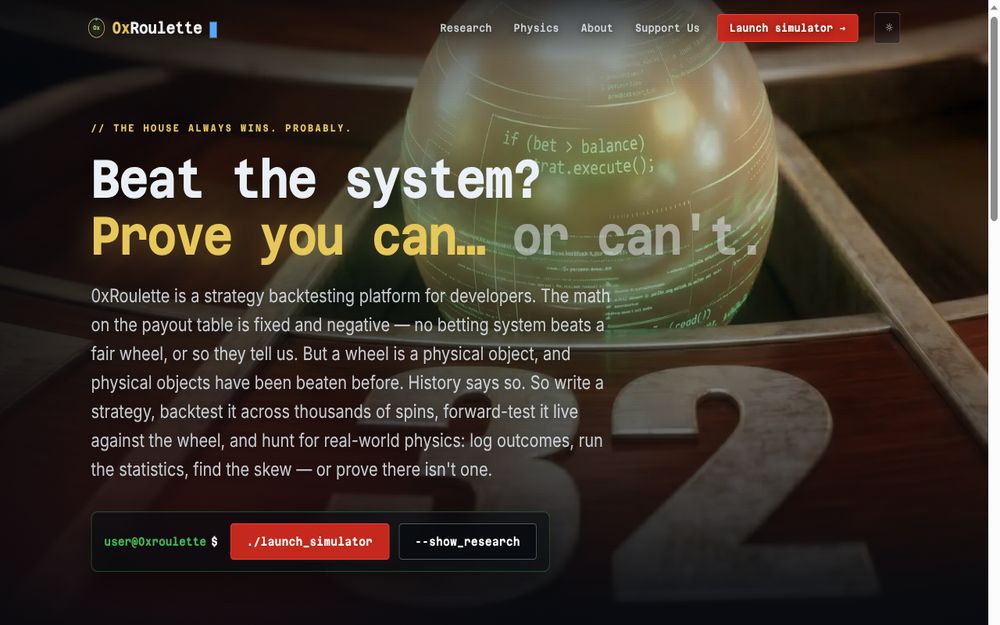 Screenshot of the 0xRoulette homepage (0xroulette.com)